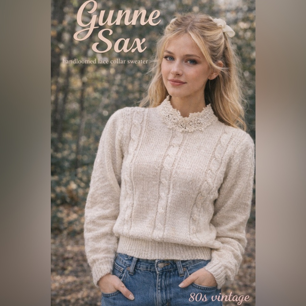 Vintage Gunne Sax by Jessica McClintock Handloomed Ivory Sweater Lace Collar EUC